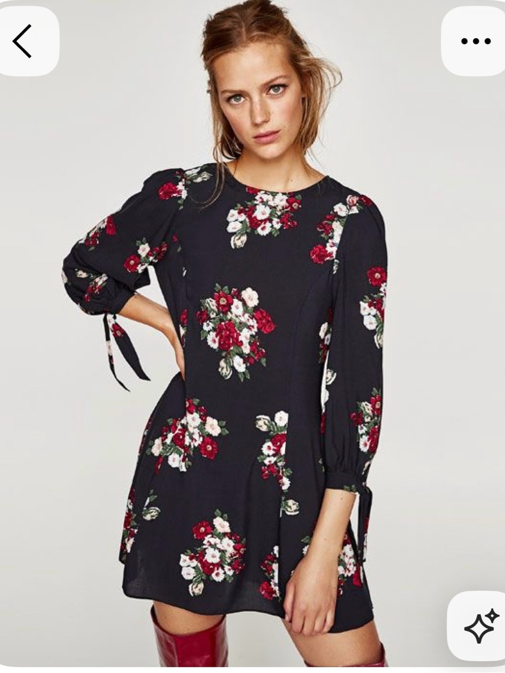 Zara Floral Tie-Sleeve Navy Dress. Medium